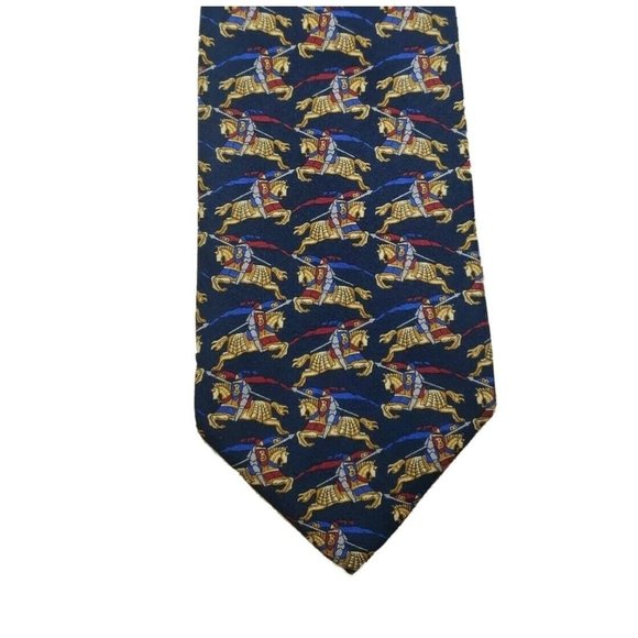 Vintage Burberrys Burberry Equestrian Knight ALL OVER Print Silk Tie Blue - Picture 1 of 9